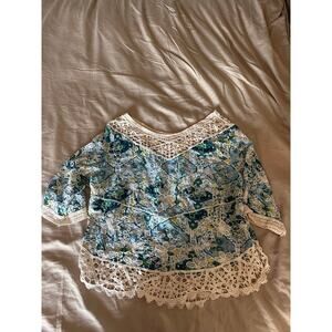 Bohemian Crochet Lace Trim Floral Top Embroidered V-Neck 3/4 Sleeve Blouse